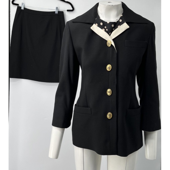 Christian Dior Boutique Vintage 3PC Black Polka-Dot Set w/ 'CD' Buttons sz 40